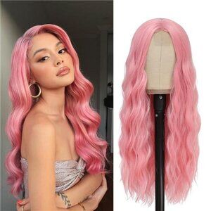 Pink Wig - Long Pink Wavy Wigs for Women Middle Part Pastel Pink Wig 26 inch